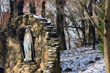 close up of the mary statue on the marian grotto